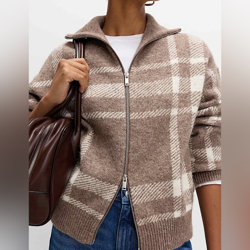 NWOT M&S Checked Collared Zip Up Cardigan with Wool size XS oversized